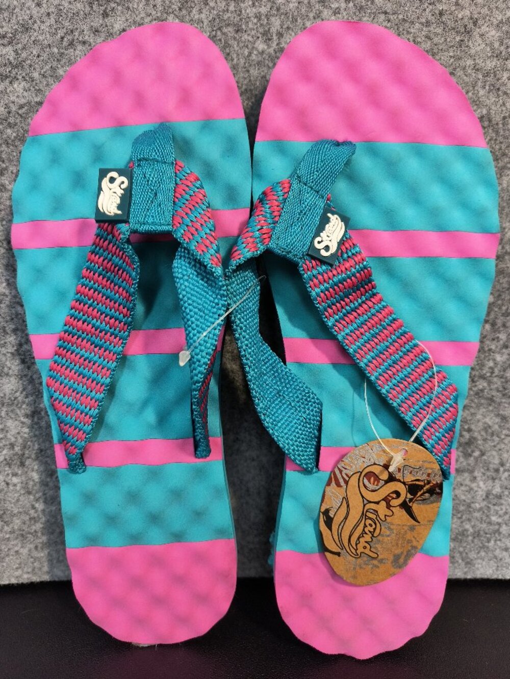 Strand Women's Flip Flops Turquoise Pink Striped Beach Sandals NWT